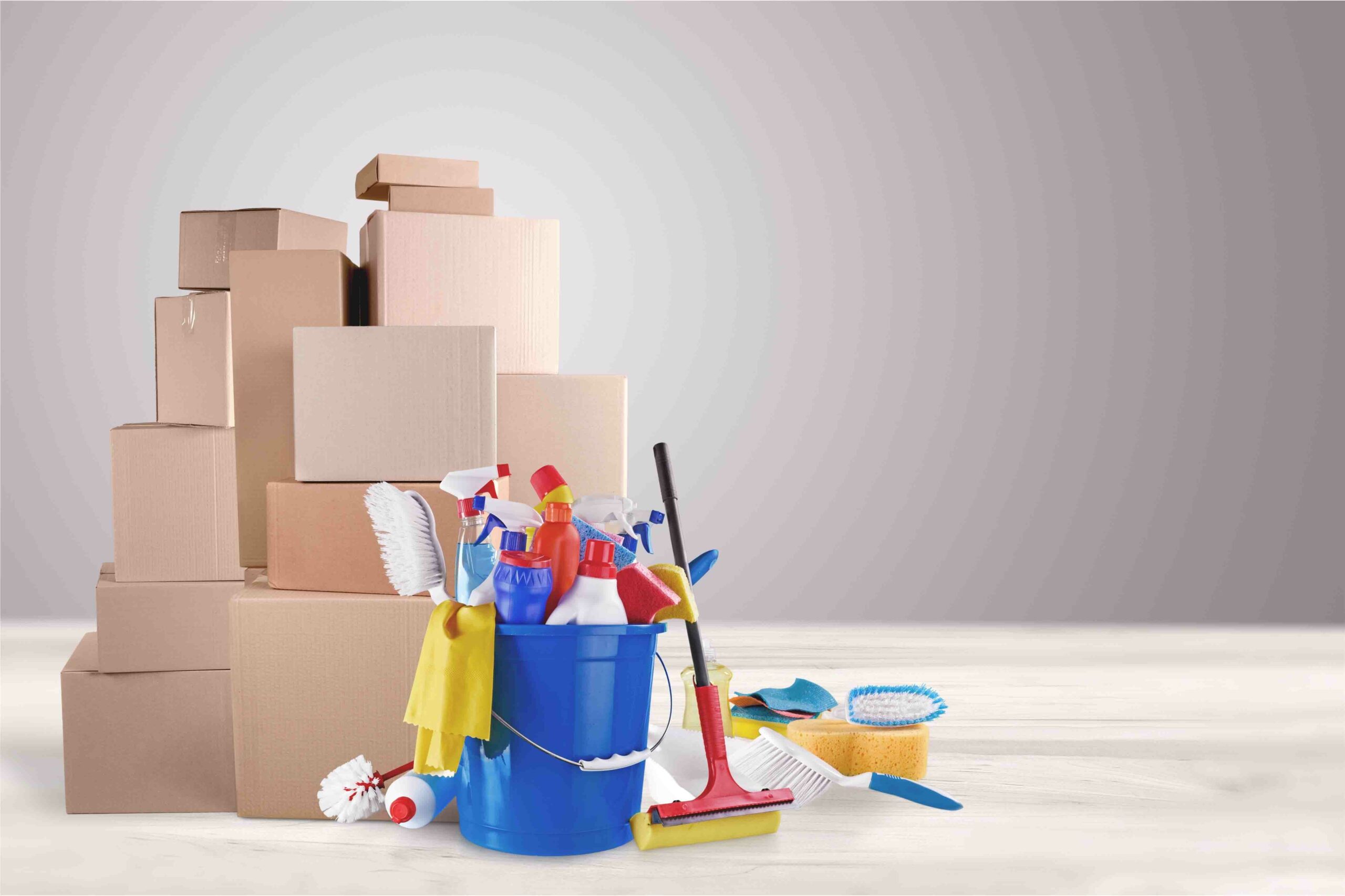 Cleaning,Supplies,With,Moving,Boxes,On,Background
